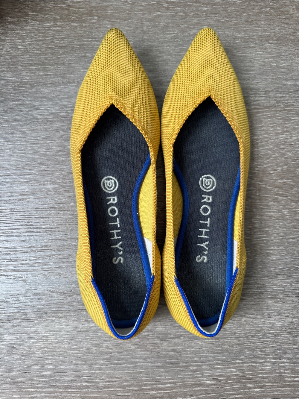 Rothy's Yellow Pointed Knit Flats with Blue Trim